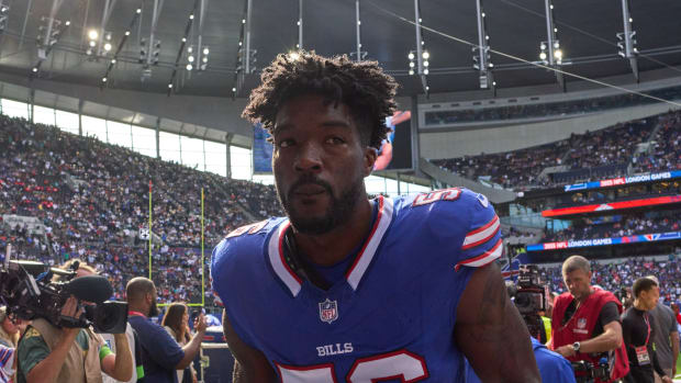 Oct 8, 2023; London, United Kingdom; Buffalo Bills defensive end Leonard Floyd (56) takes to the field for the first half of an NFL International Series game at Tottenham Hotspur Stadium. Mandatory Credit: Peter van den Berg-USA TODAY Sports  